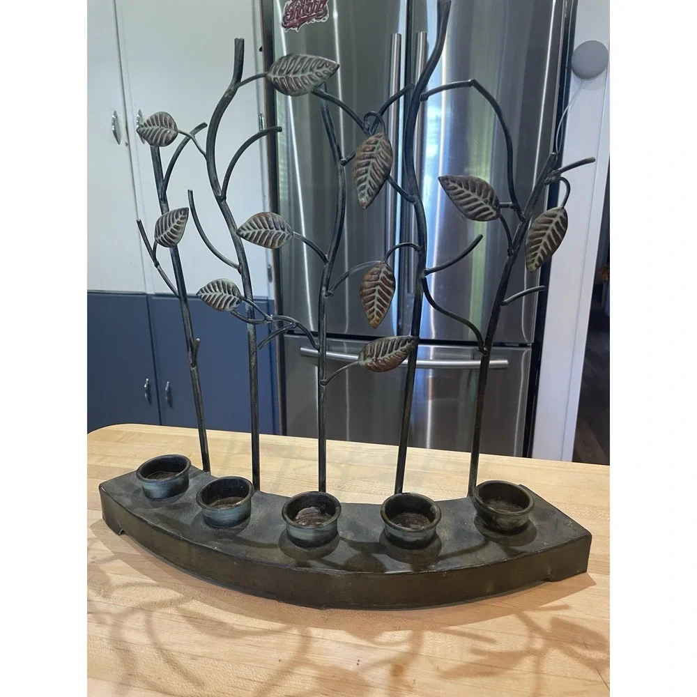 Bronze & Green Twig & Leaf Metal Tea Light 5 Candle Holder Rustic Decor Mantle